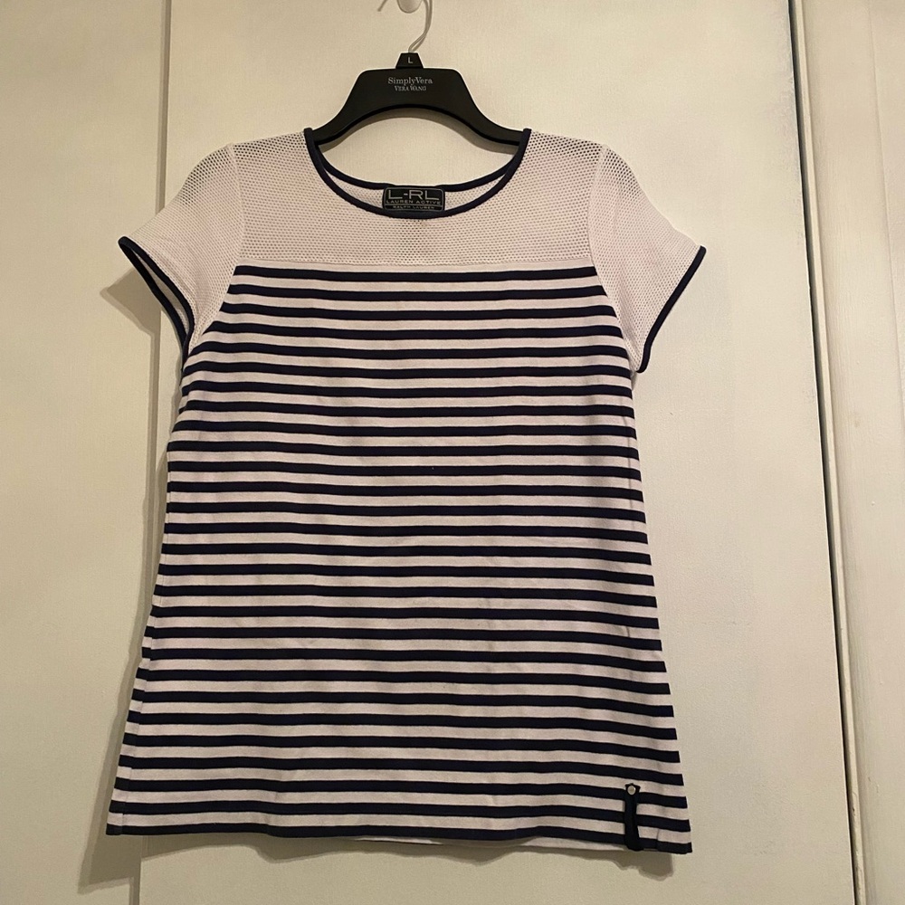 Ralph Lauren Navy and White Striped Cap Sleeve Round Neck Mesh Top, Women Size L